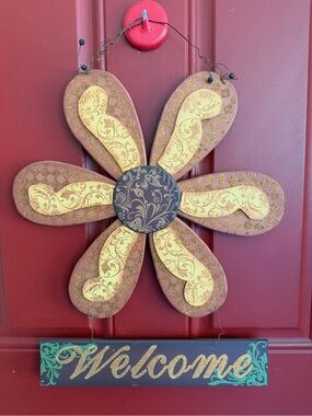 Welcome Floral Wall Hanging - Yellow & Brown Home Wall Decor
